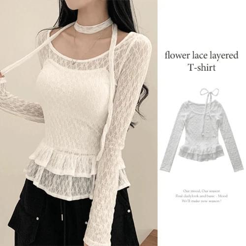 Levon Flower See-Through Lace Cancan Frill Layered Long Sleeve T-Shirt (Ships Today)