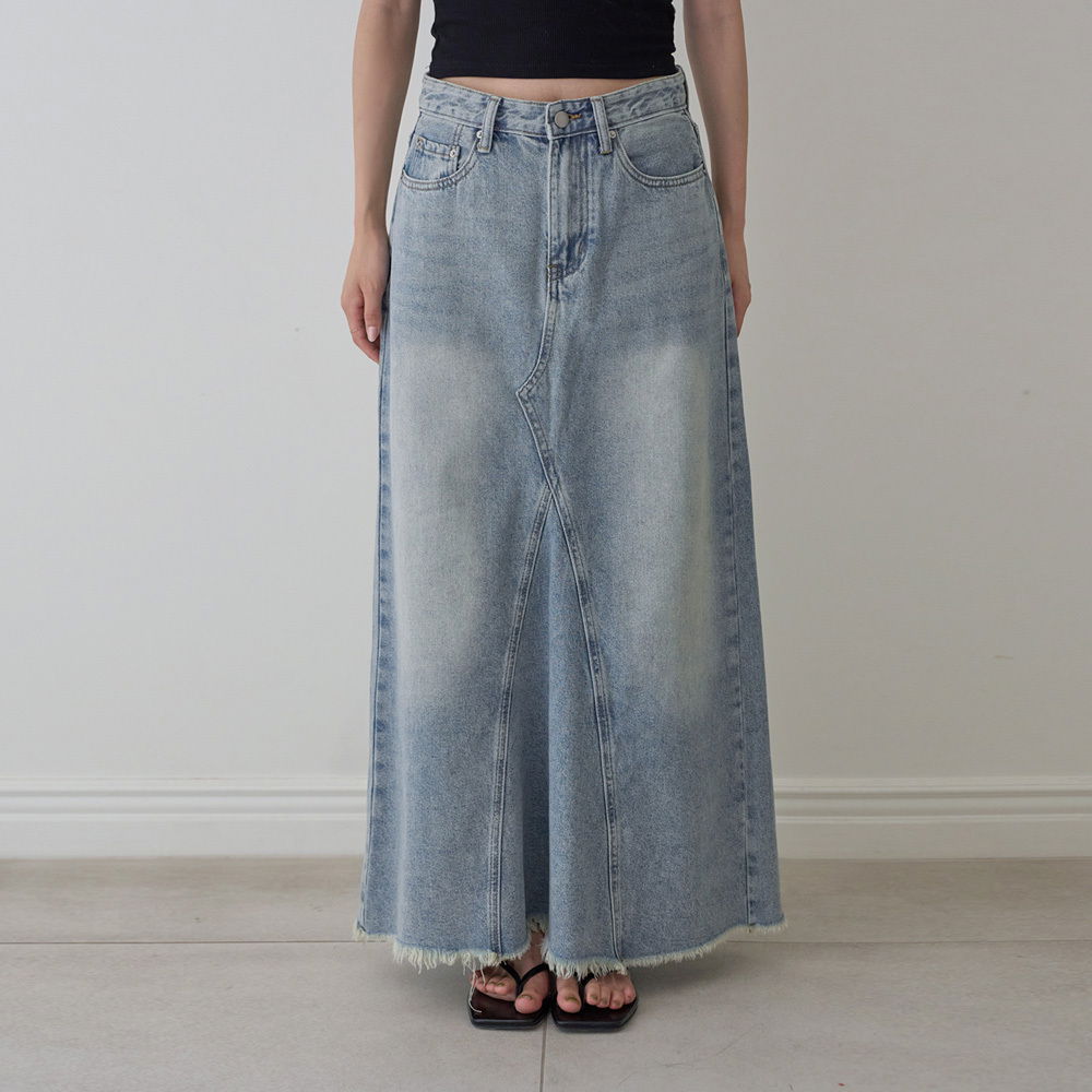 Dorien Fringe Washed Denim Long Skirt