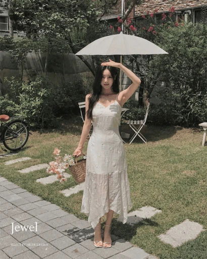 주얼 브이넥 절개선 길이조절 플라워자수 날라리 언발 시스루 안감 롱 나시 원피스