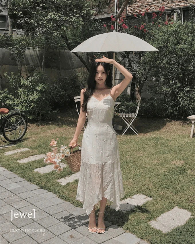 Jewel V-Neck neck cut-out length-adjustable flower embroidery slit flare see-through lining long sleeveless Dress