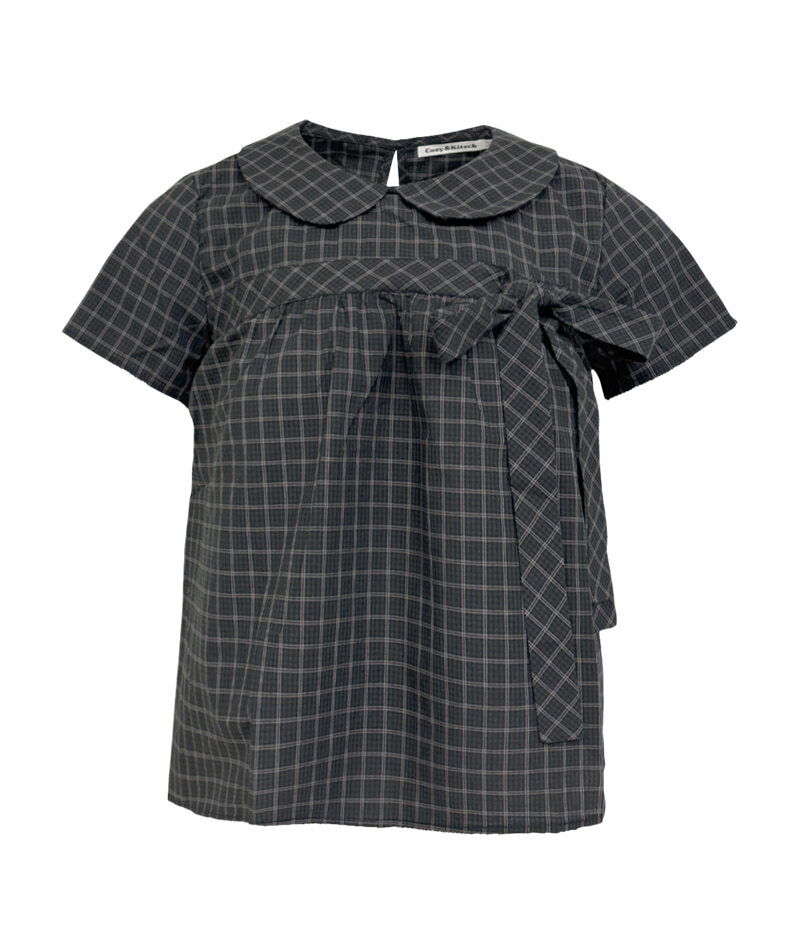 Gray check ribbon collar blouse