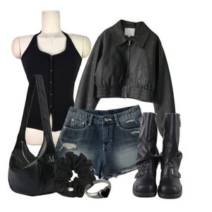 shorts,denim,contest,CoolGirlInTheCity,boots,black,cool,LeatherJacket,jacket,leather,leather-jacket,halter-top,HalterTop 코디