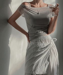 Freeze Summer Off Shoulder Chiffon Shirring Sleeveless See-through One-shoulder T-shirt