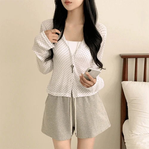 Edge Dot V-Neck See-Through Crop Long-Sleeve Cardigan