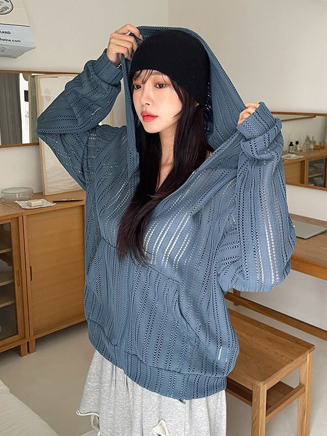 Big size 55-99 Monoken unisex see-through punching long sleeve hooded zip-up rainy season look