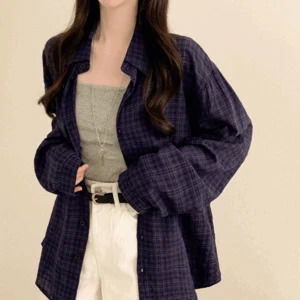 Roti Caraneck Navy Check Overfit Long Sleeve Shirt for Shirt