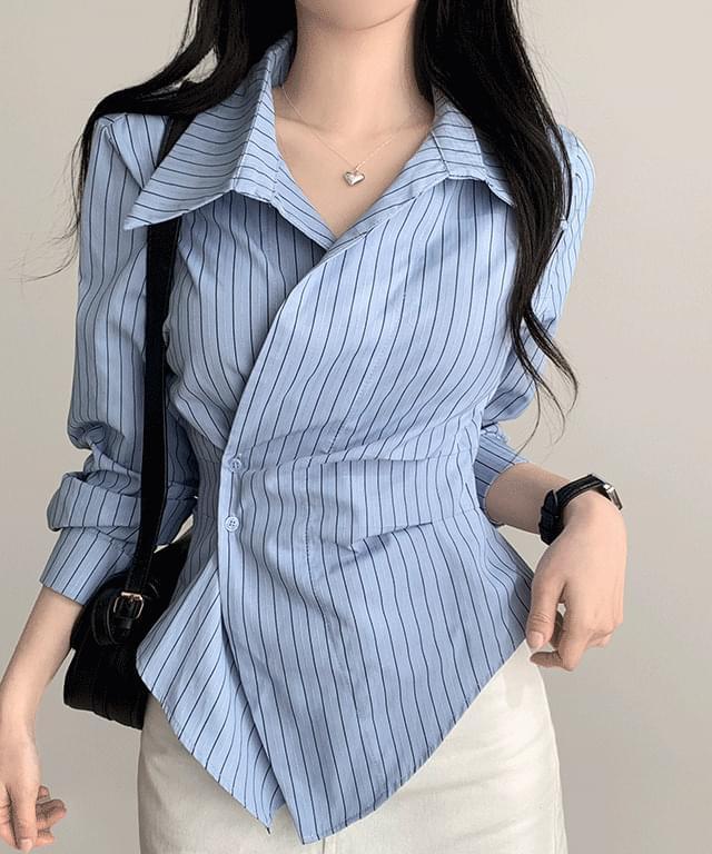 Nupi Stripe Pintuck Strap Shirring Collar Cotton Long Sleeve Shirt Date Look (Ships Today)