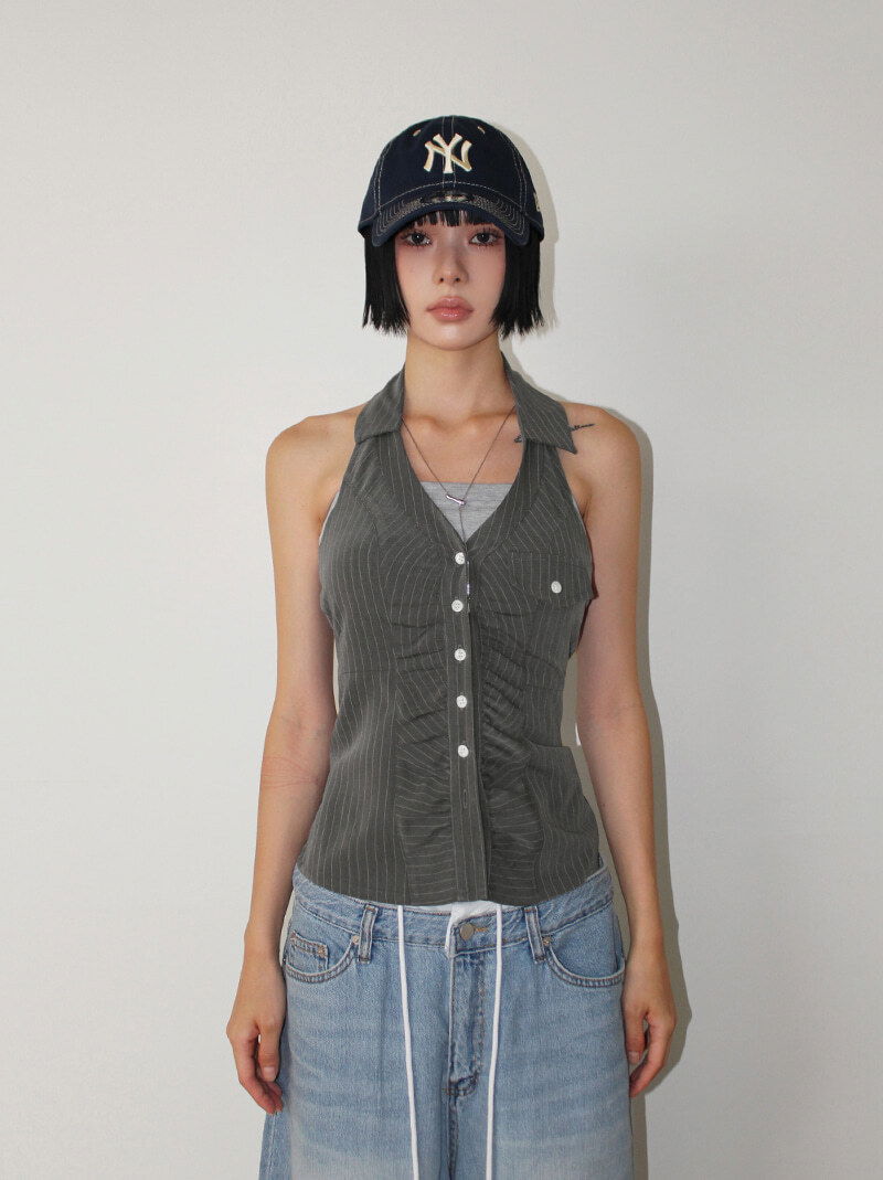 STRIPE SHIRRING HALTER TOP (charcoal / navy)