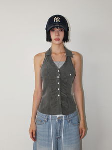 STRIPE SHIRRING HALTER TOP