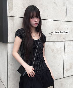 ソソリボンドットパフキャップ袖半袖Tシャツ