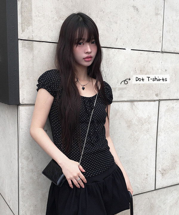 소소 리본 도트 퍼프 캡소매 반팔 티셔츠 (2color)