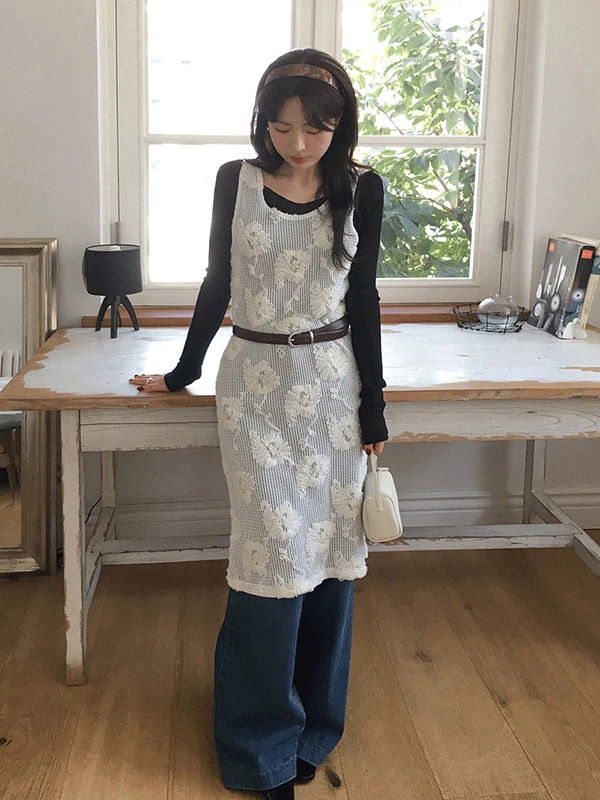 Leber Fall Layered Flower Net Knitwear Sleeveless Long Dress