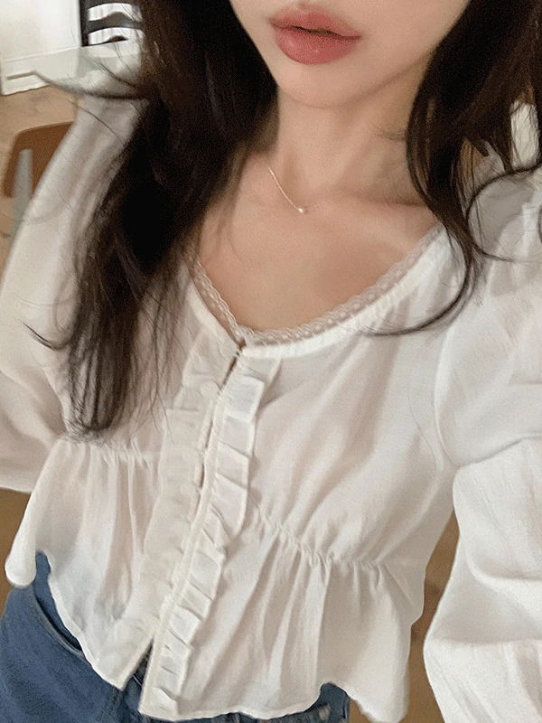 Dwen Summer Shirring Lace Frill 3/4 Sleeve Puff Crop Blouse