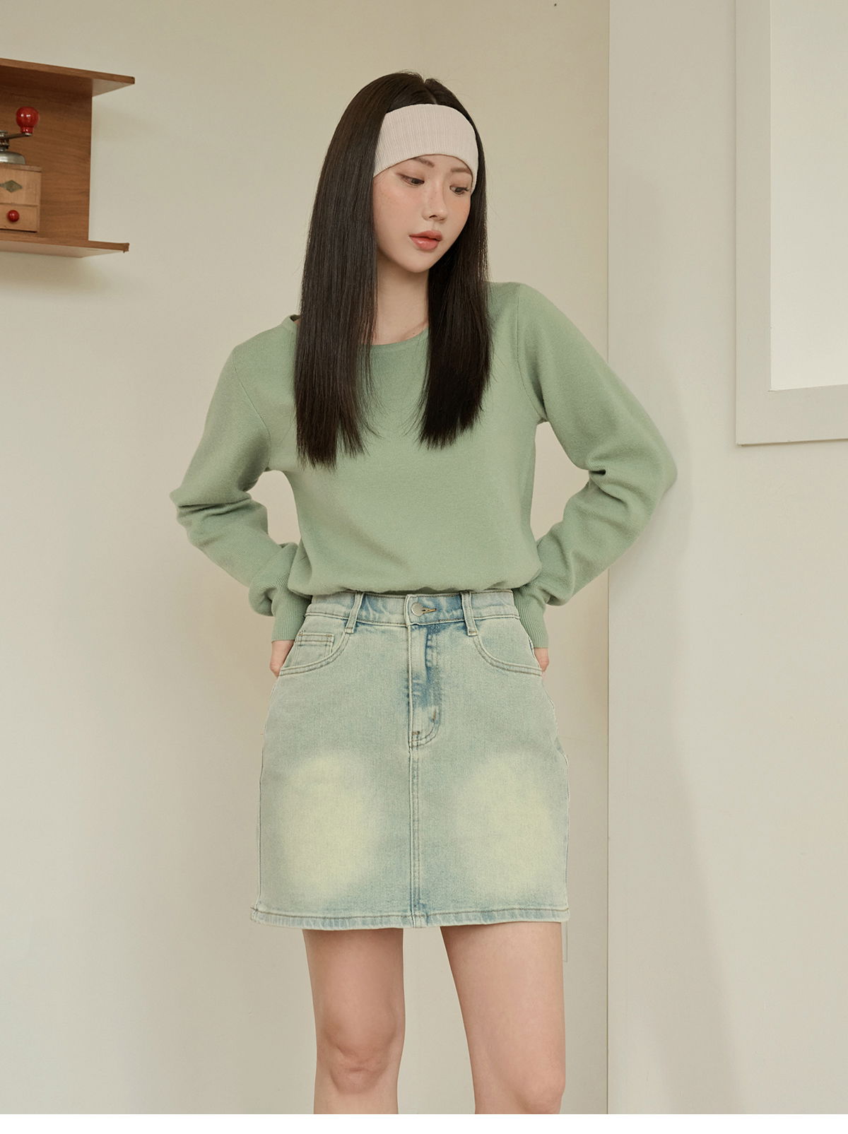 쇼언트 속밴딩 워싱 데님 미니 스커트