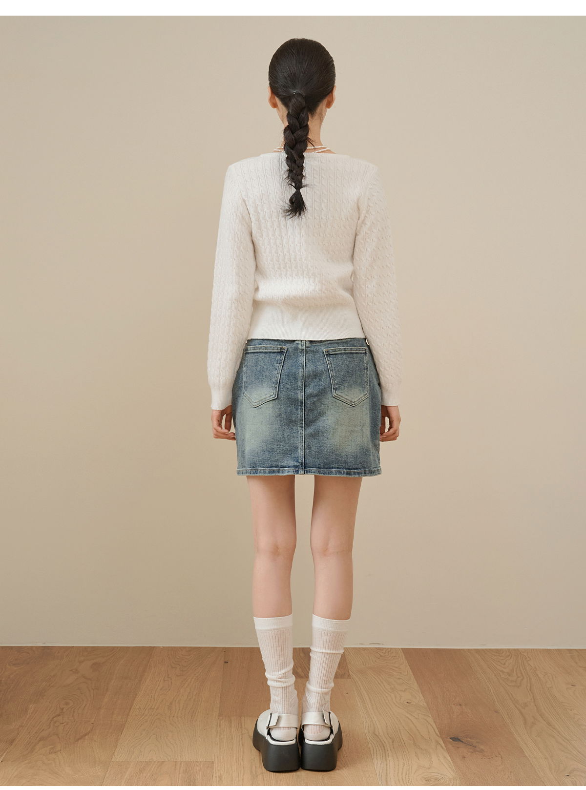 쇼언트 속밴딩 워싱 데님 미니 스커트