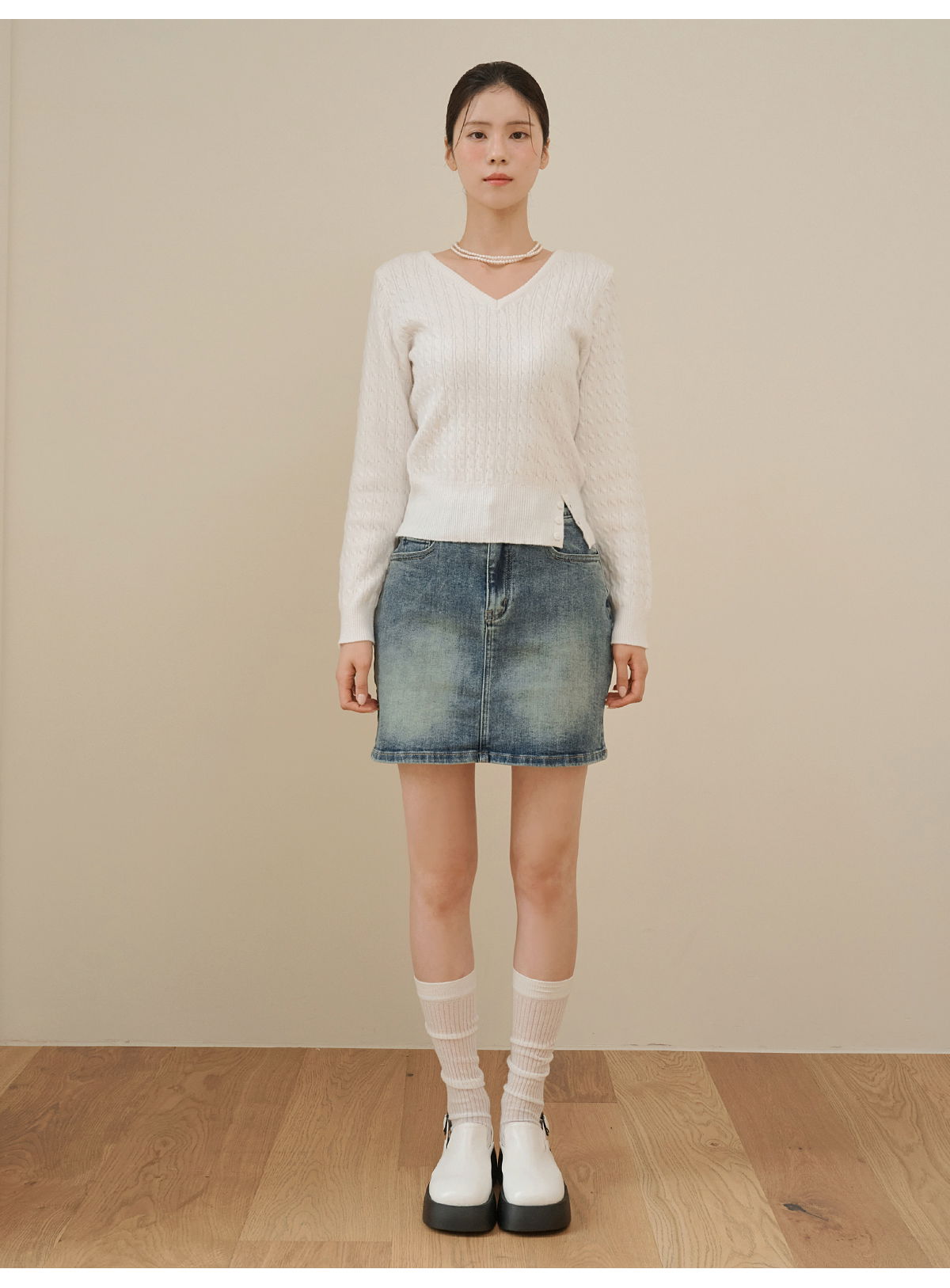 쇼언트 속밴딩 워싱 데님 미니 스커트