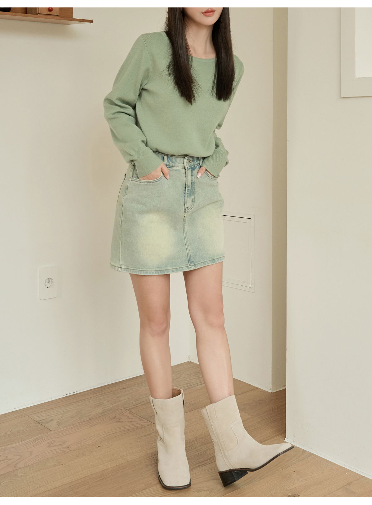 쇼언트 속밴딩 워싱 데님 미니 스커트