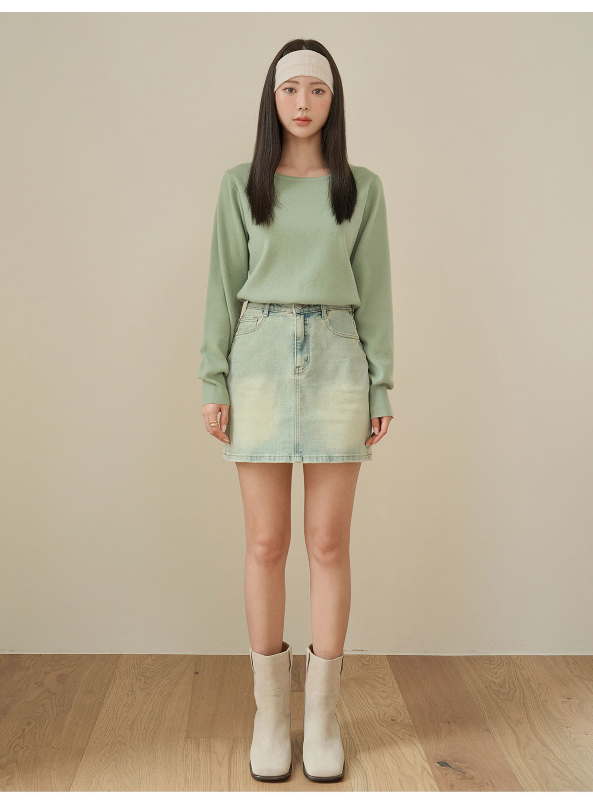 쇼언트 속밴딩 워싱 데님 미니 스커트