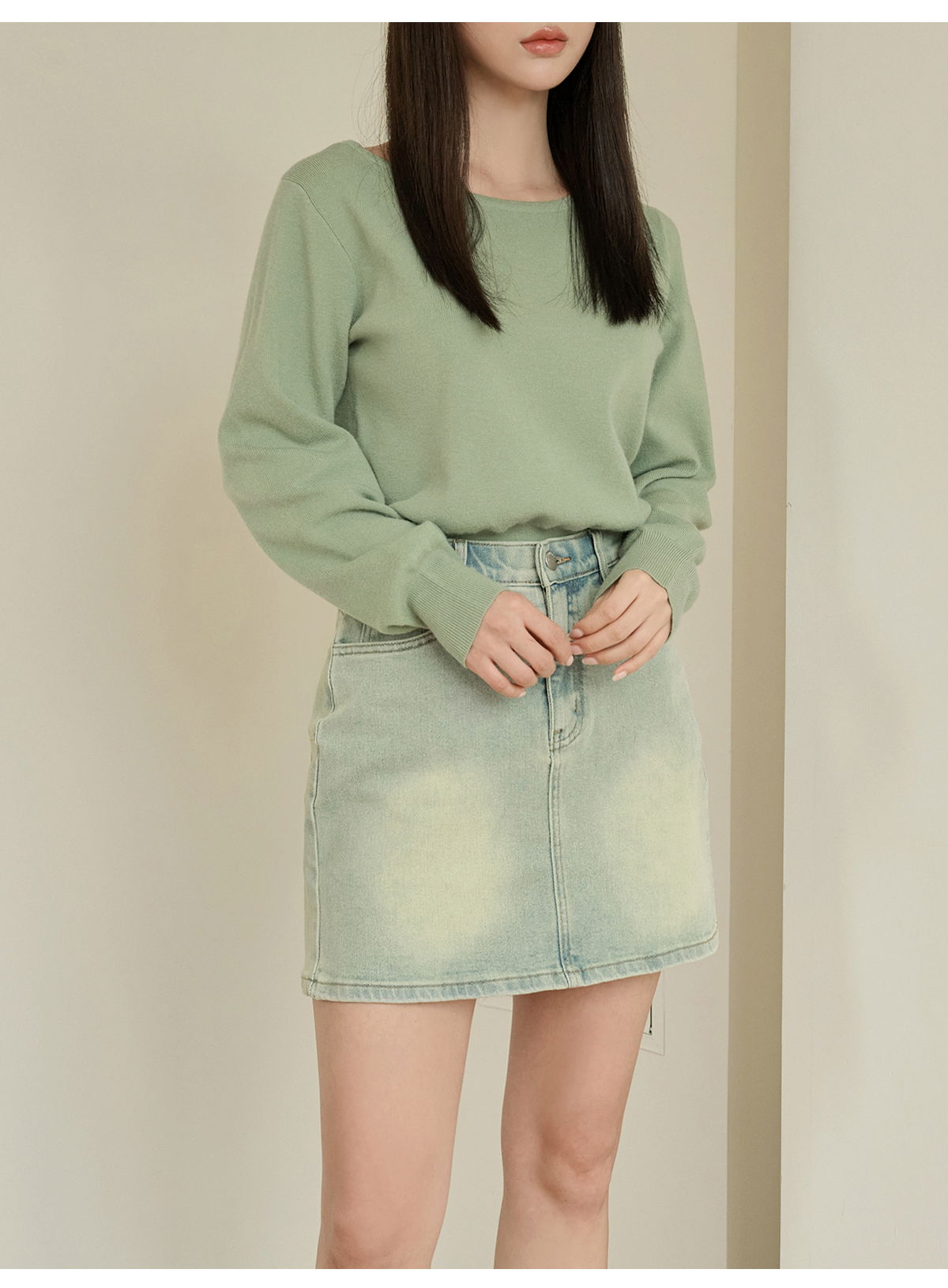쇼언트 속밴딩 워싱 데님 미니 스커트