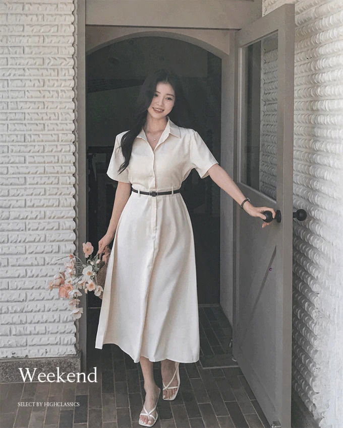 Week & Caraneck single-button zipper belt set waistband flare A-line short-sleeved long one Dress