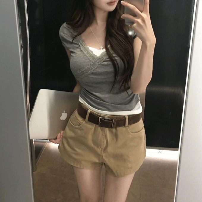 Kwan All-in-One Layered Lace Shirring T-Shirt - 1 color