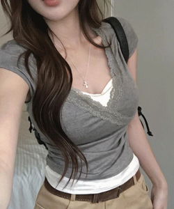 Kwan All-in-One Layered Lace Shirring T-Shirt - 1 color