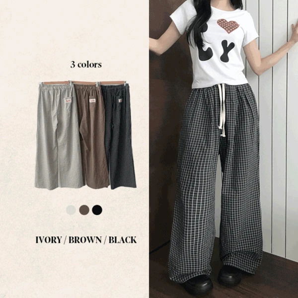 Muti check pattern banding string back patch long wide pants