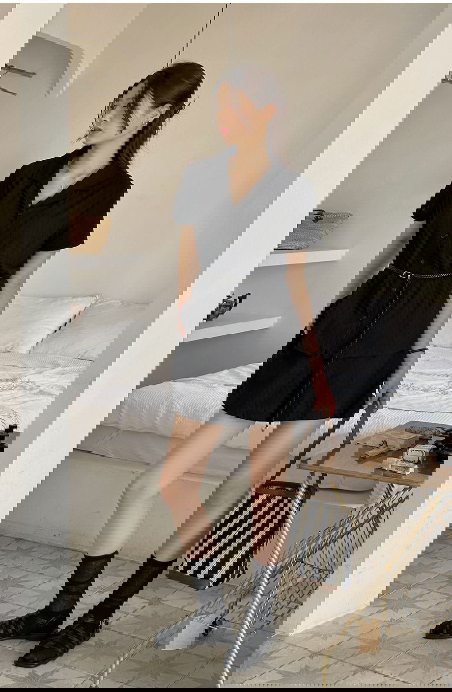 리리앤코 온디페린 코튼 스트라이프 셔츠 뒷밴딩 벨트 숏팬츠 세트