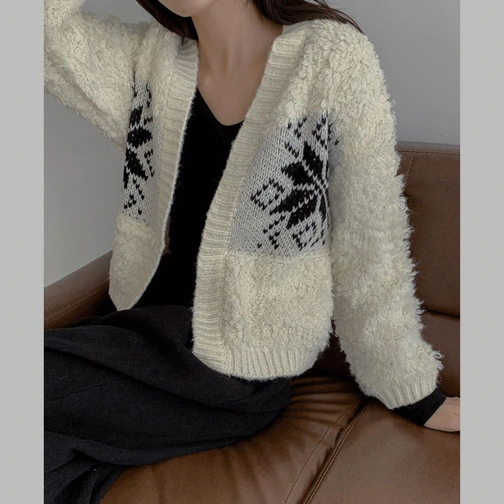 Snowflake jacquard poggle open knitwear cardigan