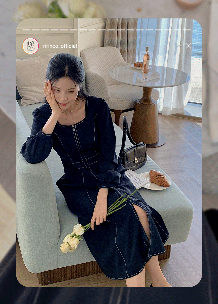 리리앤코 로엔비 스티치 집업 스퀘어넥 롱 원피스