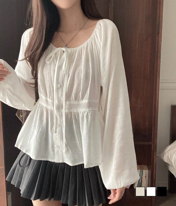 Roa Strap Ribbon Sheer Balloon Puff Long Sleeve Blouse