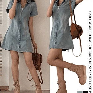 Blooming Collar Faded Back Ribbon Denim Mini Dress