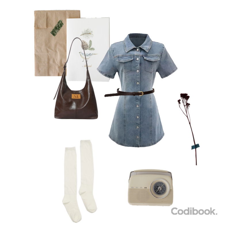 DAILYJOU 케임 시스루 롱 삭스,J-BLIN 드비 데님 카라 반팔 미니 원피스,binary01 미니멀 심플 벨트등을 매치한 코디