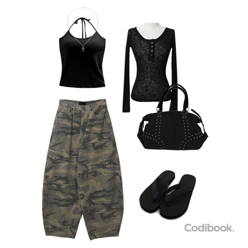 DAILYJOU 트로피칼 스펀지 플리플랍,binary01 크로스 목걸이,tipssy ) moly stud bag (3color)등을 매치한 코디