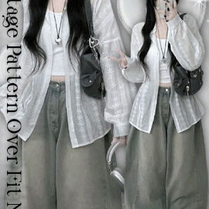 Flower embroidery pattern see-through Shirt fit long sleeve shirt