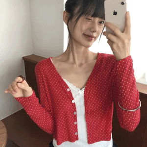 Lining Dot V-Neck See-Through Crop Cardigan