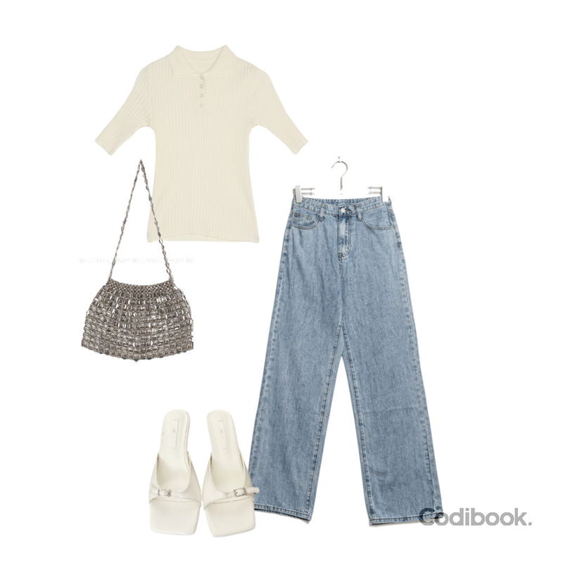 From Beginning 블링 체인미니백 (2color),DANGDANG GIRL 빅사이즈 S-2XL 베드린 3기장 세미 와이드 히든 밴딩 데님 팬츠 청바지,byclothes (화이트 240) 버클 샌들힐등을 매치한 코디