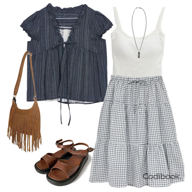 kim9hope chunky square necklace,kim9hope 히피 태슬 크로스백,kim9hope 피넛 벨크로 샌들등을 매치한 코디