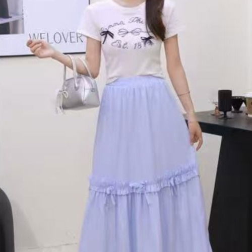 Ribbon shirring long skirt