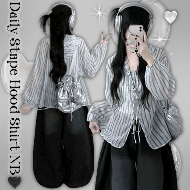 Doastripe Ribbon Eyelet Hooded Shirt Cardigan