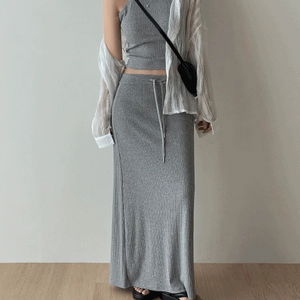 Enna Summer Halter Ribbed Sleeveless + Maxi Long Skirt Two-Piece Set