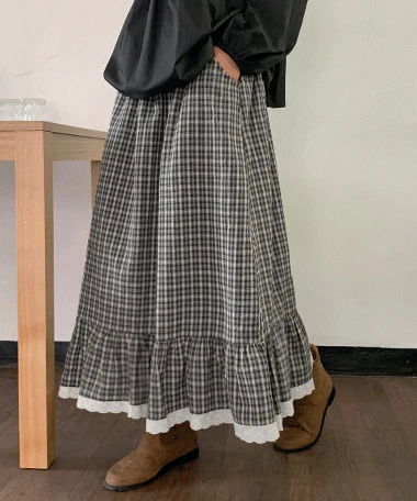 Taillon check frill long skirt