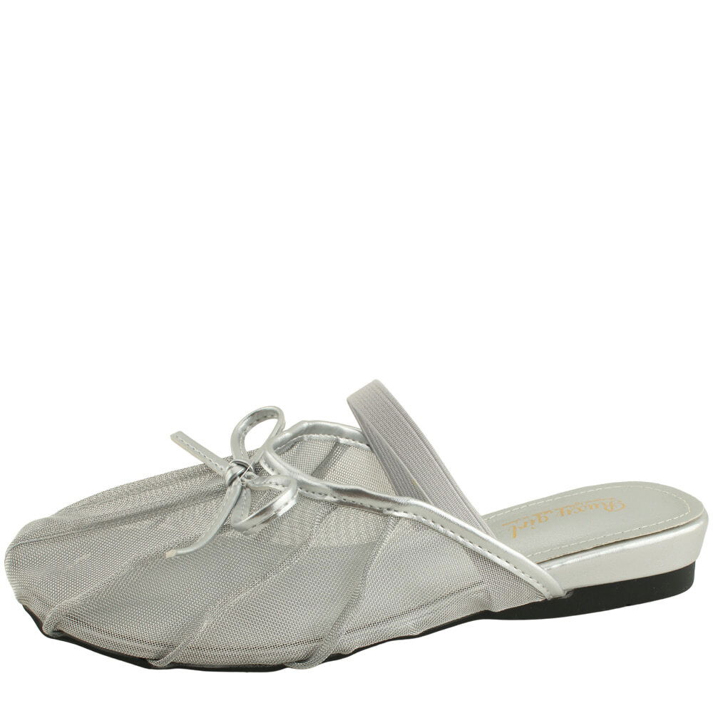 See-through ribbon Mary Jane loafer slippers in silver