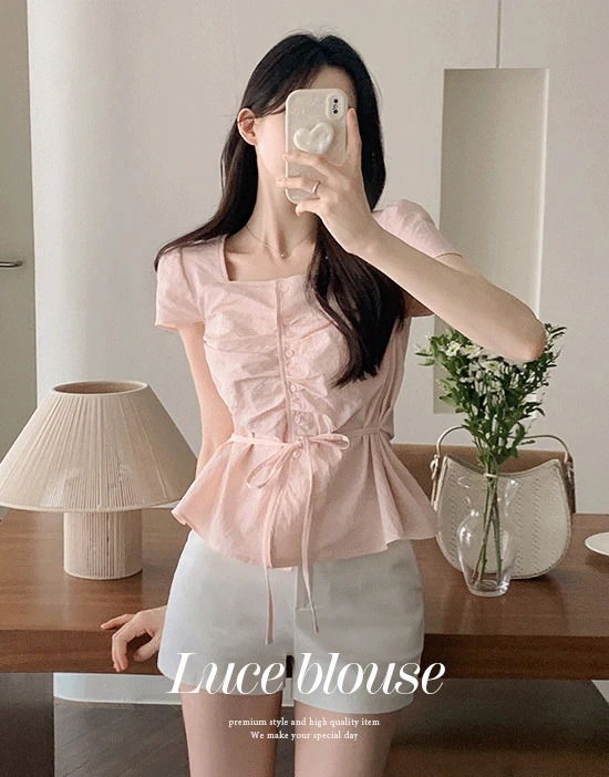 루체 셔링 반팔 블라우스(스퀘어넥/뒷밴딩/주름/캡소매/데일리룩/데이트룩/여친룩/꾸안꾸)