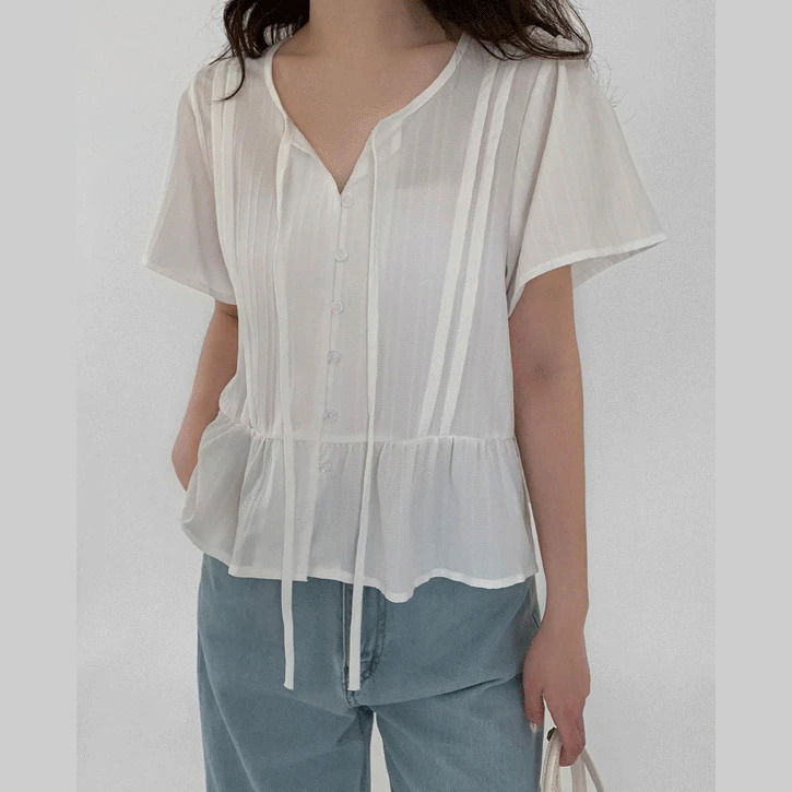 Ethnic Ribbon 3 Pintuck Peplum Short Sleeve Blouse