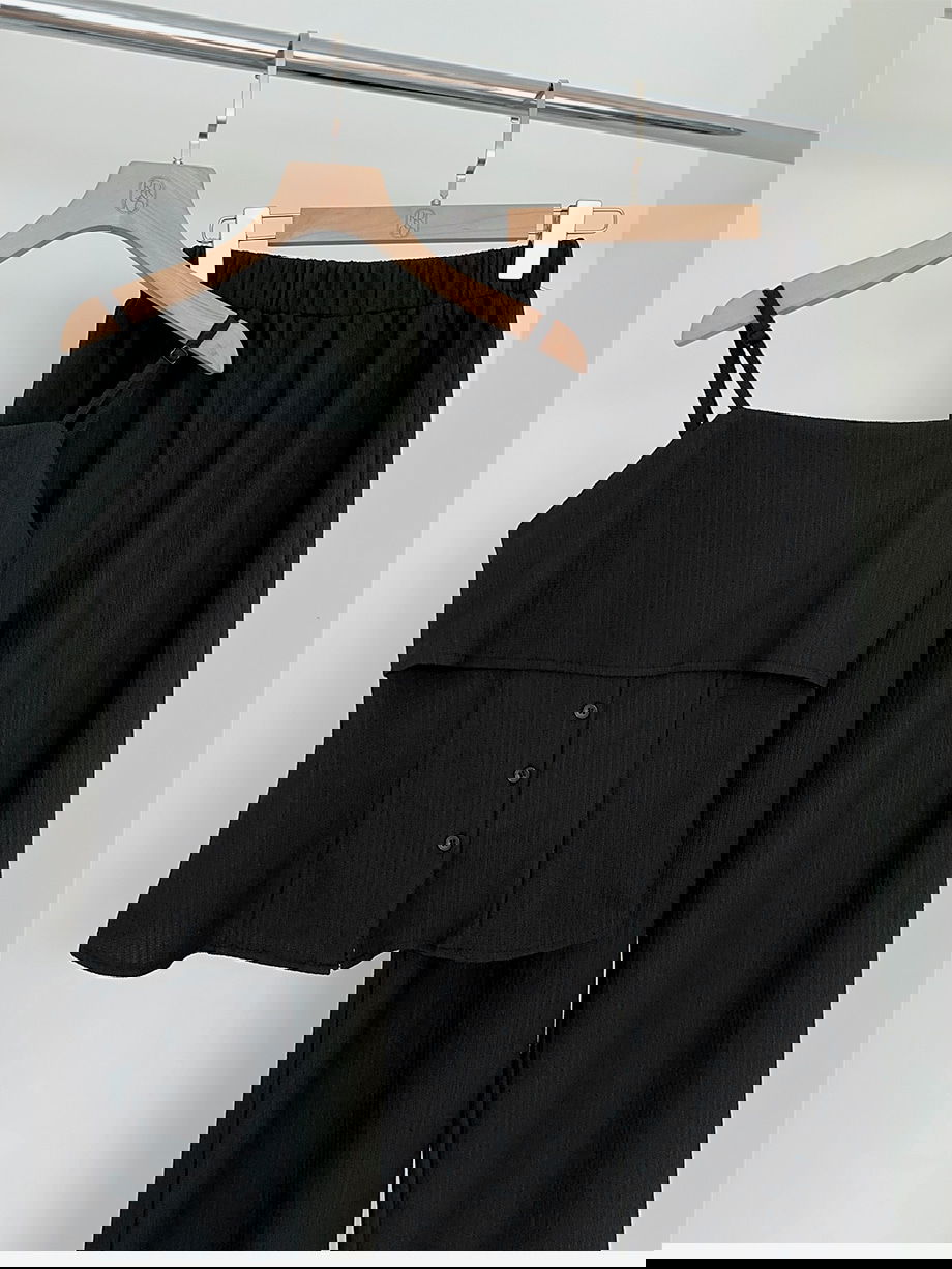 리리앤코 안데린슈 링클 골지 스판 뷔스티에 밴딩 와이드 팬츠 투피스 세트(끈조절)