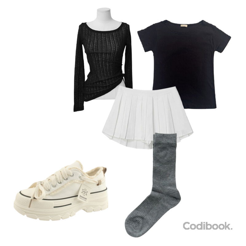 designershoes 캔버스화 라벨 플랫폼 스니커즈 5cm 데님,binary01 피타 린넨 셔링 언발티셔츠,AWAB vivid seethrough socks -9color등을 매치한 코디