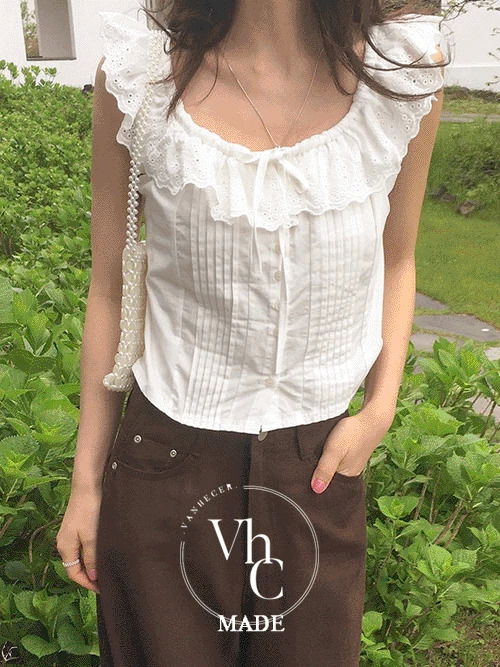 Frill Punching Ribbon Lace Sleeveless Blouse T#YW1348