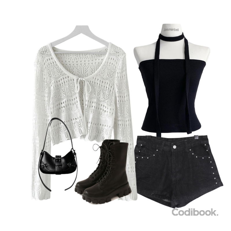 common unique 코리드 레이스-업 하이 워커,JASMINBELL 모브 스카프 골지 튜브탑 레이어드 세트 투피스,lovesomeone (살안타템) 리에브 여름 여리핏 펀칭 스카시 크로쉐 크롭 니트 가디건등을 매치한 코디