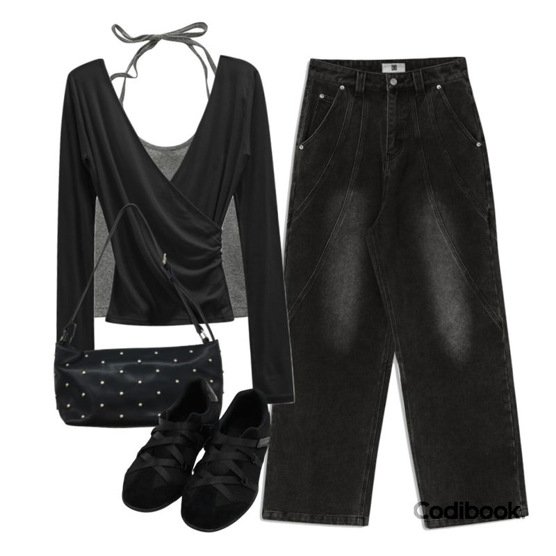 binary01 시티브 와이드 데님팬츠,MAENIQUE 버티스 레이스업 벨크로 스니커즈,WONLOG #ONEDAY 아일릿 랩 티등을 매치한 코디